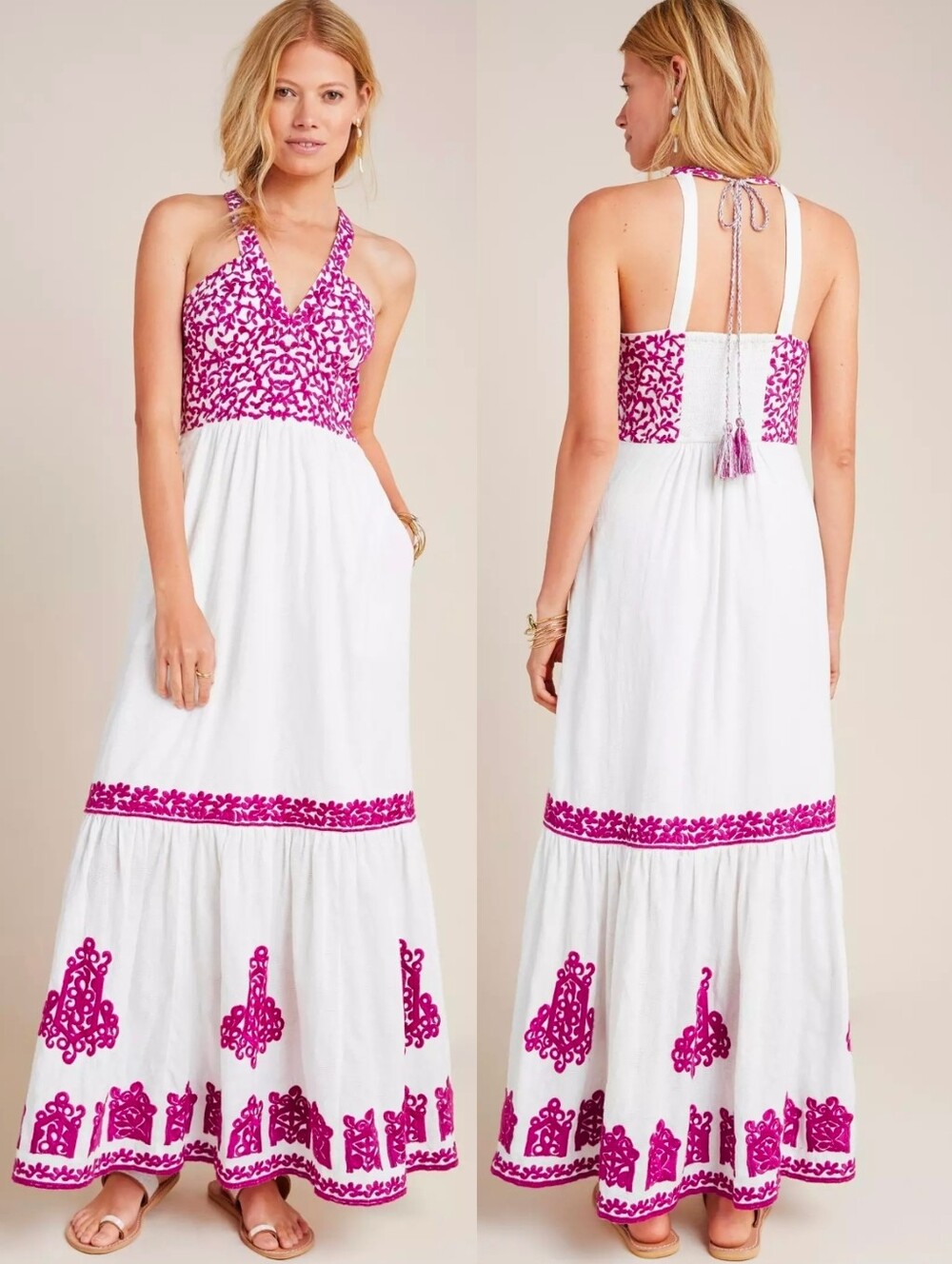 Anthropologie Pink Embroidered Manuela Cotton Maxi Dress